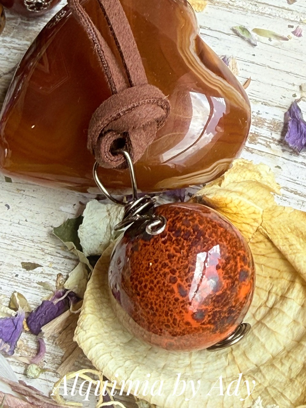 FALL + suede + Glossy Brown-Orange Ceramic Orb Pendant Necklace